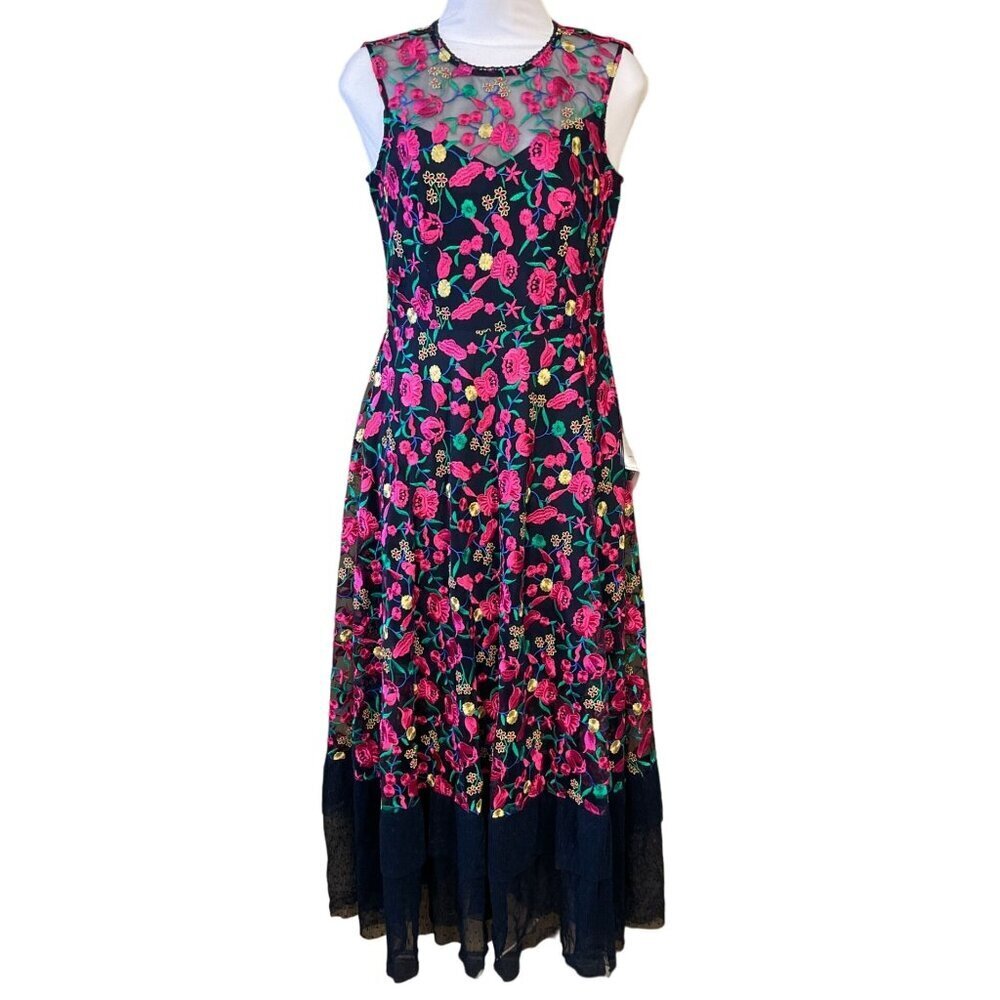 Dress the Population Navy Maxi Dress with Pink Floral Embroidery